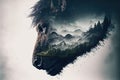 Male bison grazing on grassland with double exposure natural background