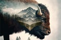 Male bison grazing on grassland with double exposure natural background