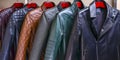 Male black and crown clothes on a hanger in a store. New collection of different color spring leather jackets for men Royalty Free Stock Photo