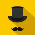 Male black mustache and cylinder icon, flat style