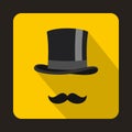 Male black mustache and cylinder icon, flat style