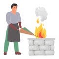 Male blacksmith master fanning fire vector illustration