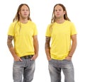 Male with blank yellow shirt and dreadlocks