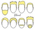Male blond hair and face fungus styles types, different hair cut, moustaches and beard, man head with blond hair, guy