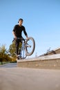 Male bmx biker, jump in action, skatepark Royalty Free Stock Photo