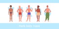 Male body of different type, diversity group of men in underwear or swimsuits standing