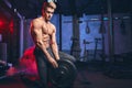 Male bodybuilder champion exercises with heavy weight barbell plate in gym. Royalty Free Stock Photo