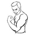 Male bodybuilder flexing his biceps. Hand drawn sketch. Outline silhouette. Design element. Vector illustration isolated on white Royalty Free Stock Photo