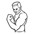 Male bodybuilder flexing his biceps. Outline silhouette. Design element. Vector illustration isolated on white background. Royalty Free Stock Photo