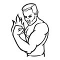 Male bodybuilder flexing his biceps. Outline silhouette. Design element. Vector illustration isolated on white background. Royalty Free Stock Photo