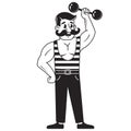 Male bodybuilder lifts dumbbell. playing sports. weight lifting. line drawing on white background. illustration of black and white