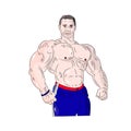 Male bodybuilder, strong muscles, cartoon on a white background.