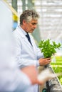 Male botanists examining herbs while writing on clipboard in plant nursery Royalty Free Stock Photo