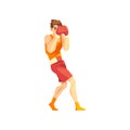 Male boxer character training with red boxing gloves, active sport lifestyle vector Illustration on a white background