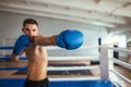 Male boxer fighting in gym and making direct hit Royalty Free Stock Photo