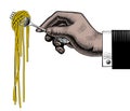 Male brown hand holding a fork with yellow spaghetti