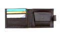 Male brown leather purse in the open and there Bank cards with contactless payment technology
