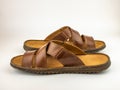 Male brown leather sandals. Close up on the white background. Royalty Free Stock Photo
