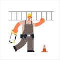 Male builder carrying ladder and hacksaw busy workman industrial construction worker in uniform building concept flat