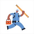 Male builder carrying toolbox and carpenter level african american busy workman running pose industrial construction Royalty Free Stock Photo