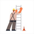 Male builder climbing ladder busy workman industrial construction worker in uniform building concept rear view flat full Royalty Free Stock Photo