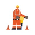 Male builder drilling with jackhammer busy workman industrial construction worker in protective uniform building concept