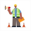 Male builder holding megaphone busy workman using loudspeaker making announcement industrial construction worker in