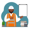 Male builder in a protective helmet and an orange vest. A man holds a clipboard with white paper on which there is a