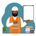 Male builder in a protective helmet and an orange vest. A man holds a clipboard with white paper on which there is a