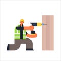 Male builder using electric drill busy workman industrial construction carpenter worker in uniform drilling hole in