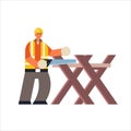 Male builder using handsaw sawing log on sawbuck into lumber busy workman industrial construction carpenter worker in