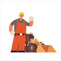 Male builder wearing hard hat busy workman standing near tractor heavy excavator industrial construction worker in