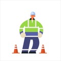 Male builder wearing hard hat busy workman standing pose industrial construction worker in uniform building concept flat