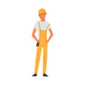 Male Building Worker Character Wearing Hard Hat Helmet and Overalls, Construction Engineer, Repairman, Foreman or