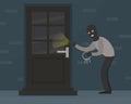 Male Burglar in Balaclava Committing Robbery, Theft Trying to Unlock Door with Lock Pick Breaking in House, Criminal