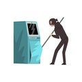 Male burglar Dressed in Black Clothes and Masks Trying to Steal Money from ATM Vector Illustration