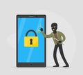 Male Burglar Hacking Smartphone and Stealing Personal Information from Laptop Phone, Lawless Criminal Scene Flat Vector