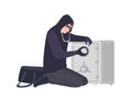 Male burglar wearing mask and hoodie using stethoscope to open safe or strongbox. Theft, burglary or housebreaking Royalty Free Stock Photo