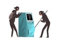 Male Burglars Dressed in Black Clothes and Masks Trying to Steal Money from ATM Vector Illustration