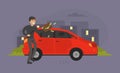 Male Burglars Stealing Handbag with Money from Car in the Street, Thief Committing Robbery, Criminal Scene Flat Vector