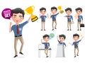 Male business award vector characters set. Business man character standing and happy holding golden cup trophy award. Royalty Free Stock Photo