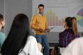 Male business trainer giving lecture in room with projection screen