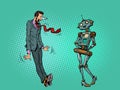 male businessman in a cartoon shock pose, looking at a female robot