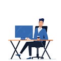 Male businessman character sitting in office behind workplace on computer monitor desk Royalty Free Stock Photo