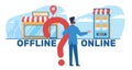 Male businessman chooses between online and offline business. Shop on site and shop in real life. Inbound and outbound