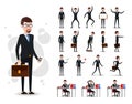 Male Businessman 2D Character Ready to Use Set with Beard, Wearing Suit