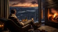 Male businessman in a luxurious room with panoramic windows in an ecological hotel chalet at an Alpine ski resort