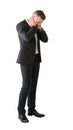 male businessman in a suit is very upset holding his hands behind his head on a white background Royalty Free Stock Photo