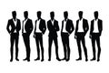 Male businessman wearing suits and standing silhouette set vector. Anonymous male businessmen without faces standing in different