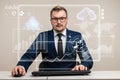 Male businessman working on laptop in office, business technology. Emotional business man. Business virtual diagram with Royalty Free Stock Photo